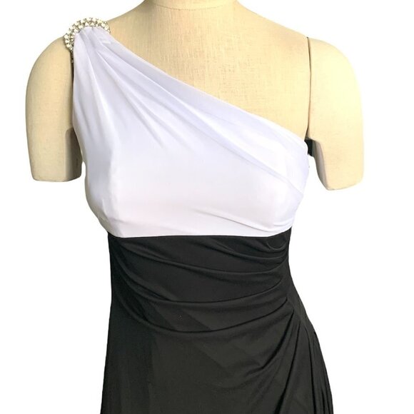 Alex Evenings One Shoulder Formal Maxi Dress Black White Rhinestone Sz4 #207D - Picture 7 of 10